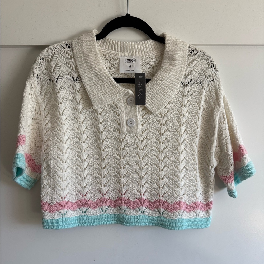 Women's Cream, Pink, and Green Knit Sweater